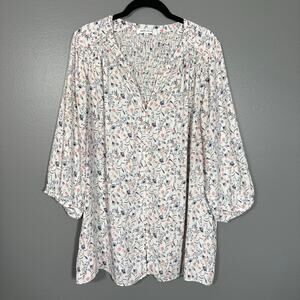 Rose + Olive Cottage Boho White Floral Peasant Blouse - 1X - Women's Plus Size